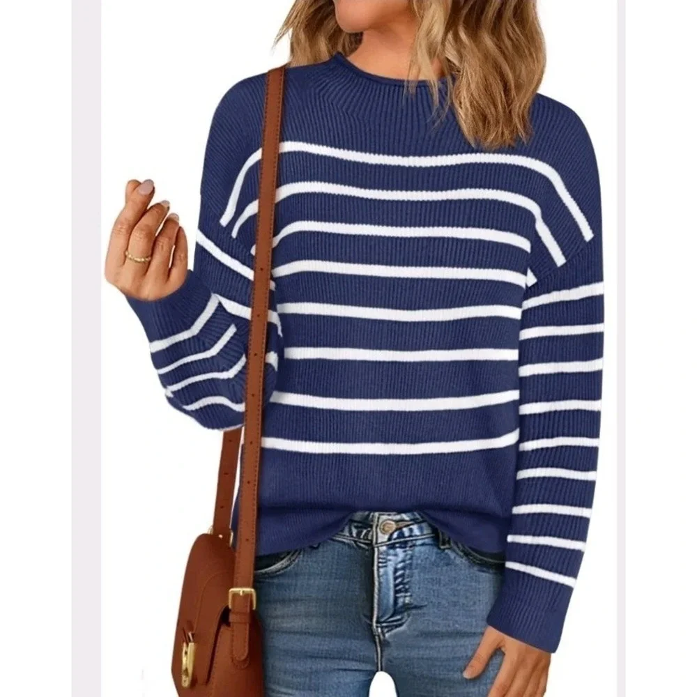 MEROKEETY Striped Pullover Sweaters Mockneck Casual Knit Soft Top Women's Size M